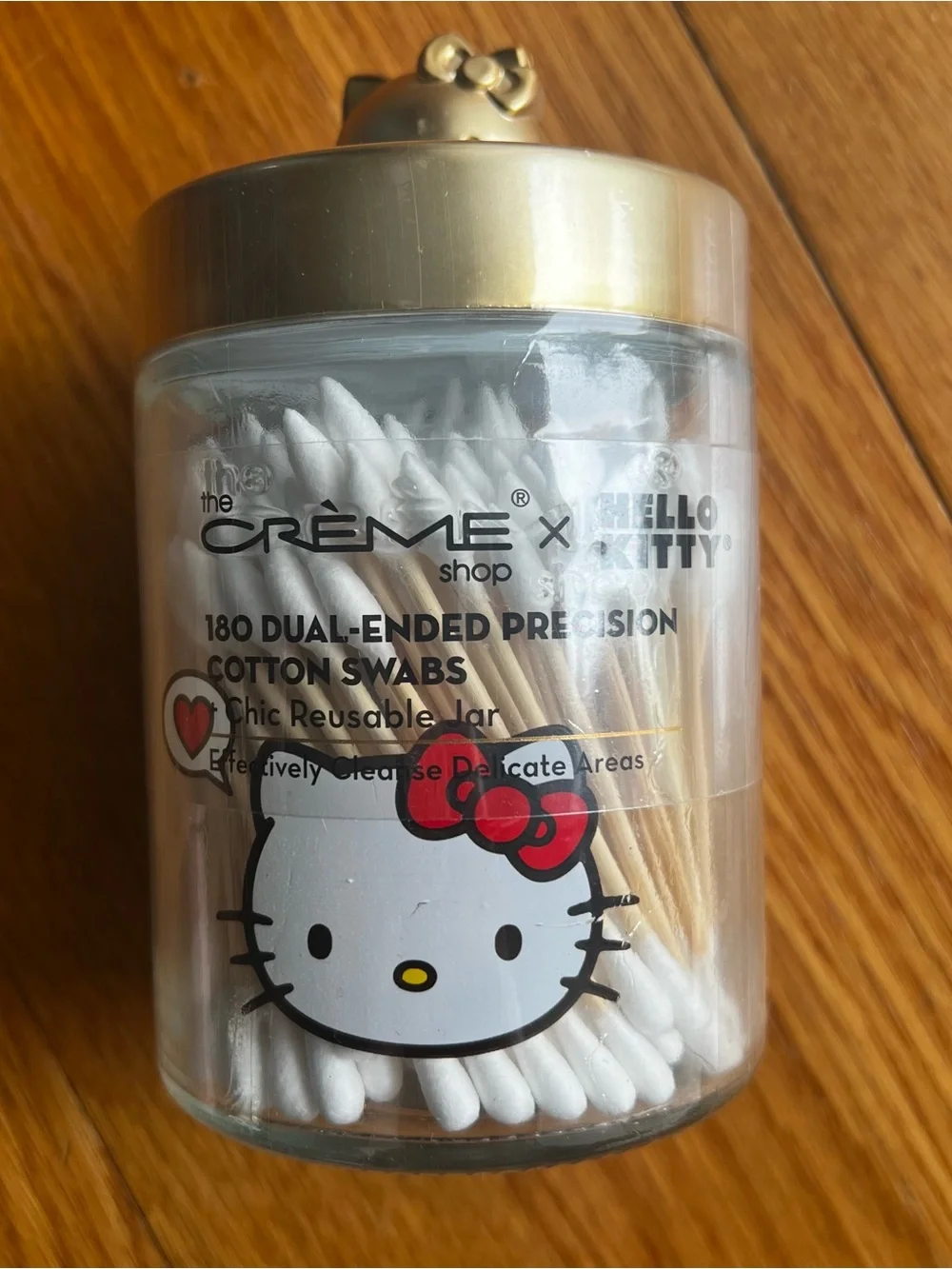 Hello Kitty Gold Lid Cotton Swabs Jar - White